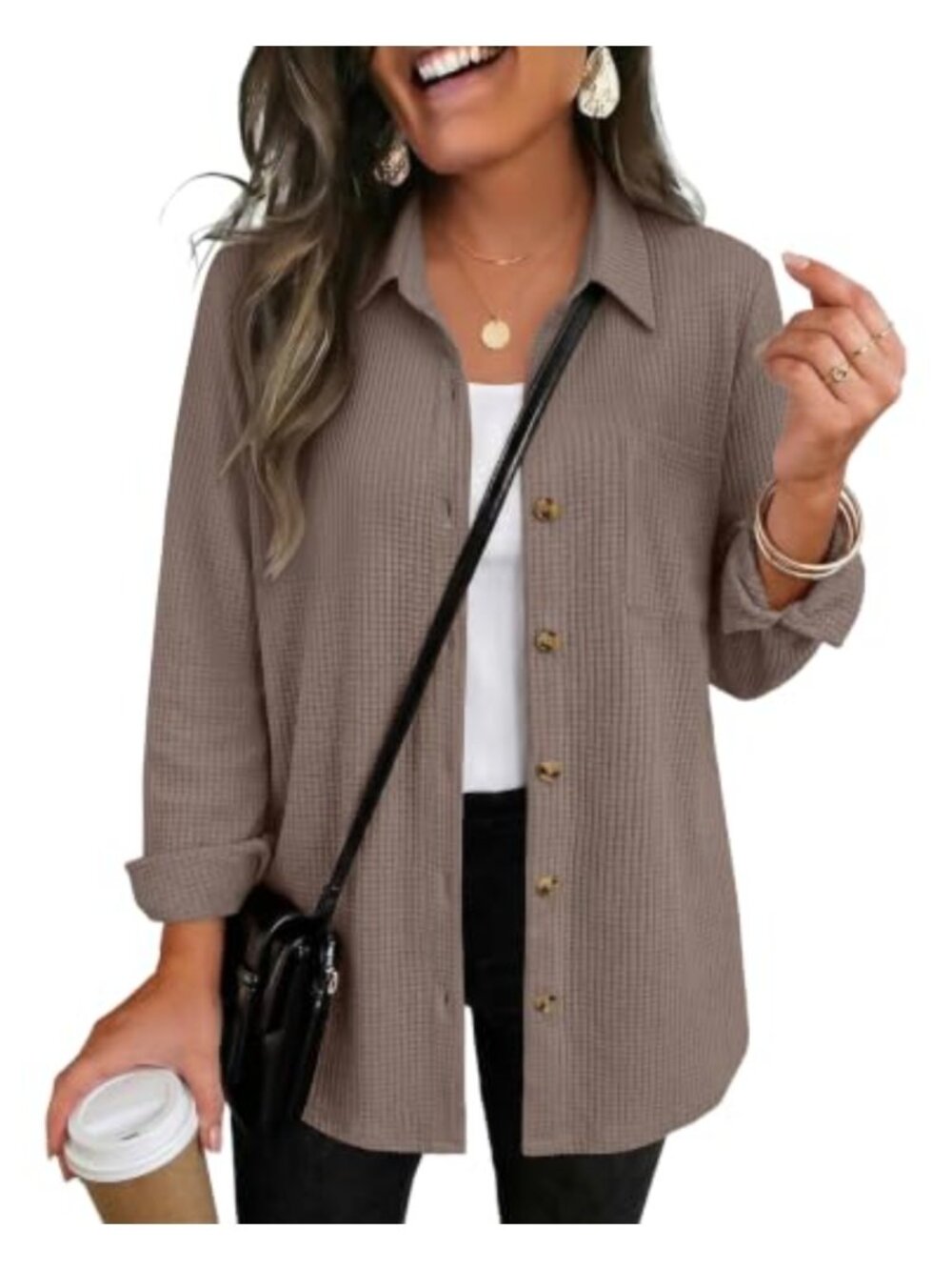 Waffle Knit Button Down Shacket Long Sleeve Chest Pocket Loose Fit